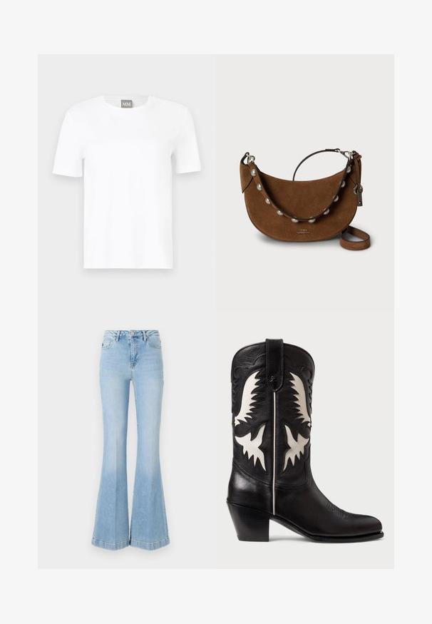 Hvid kortærmet T-shirt med rund hals, vist på en neutral baggrund, med en lille grå mærkat med "MM" ved kraven.; Lyseblå flagrende jeans lavet af denim, med høj talje, forlommer og subtil falming samt en ren kant.; Sorte læder cowboystøvler med hvide kantede detaljer, prydet med dekorativ syning, spidse tåer og en lav stablet hæl.; Brun ruskindshåndtaske med en buet form, der har en perle-accentsnor og justerbart læderhåndtag. Metalhardware bruges til lukninger.