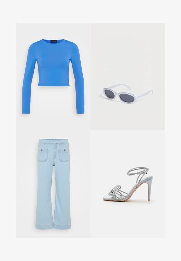 Sininen pitkähihainen crop-top, joka on valmistettu sileästä, joustavasta kankaasta. Pyöreä pääntie ja saumat ilman ompeleita. Ei koristeita tai kuvioita.; Vaaleansiniset farkut, joissa on leveä lahjeratkaisu, kaksi etutaskua ja kaksi takataskua, valmistettu näkyvillä ompeluoksilla varustetusta denimistä.; DeeZee Korolliset sandaalit - sliver; Valkoiset kehykset ovaalimuotoiset aurinkolasit, joissa on tummennetut linssit ja jotka lepäävät valkoisella pinnalla.