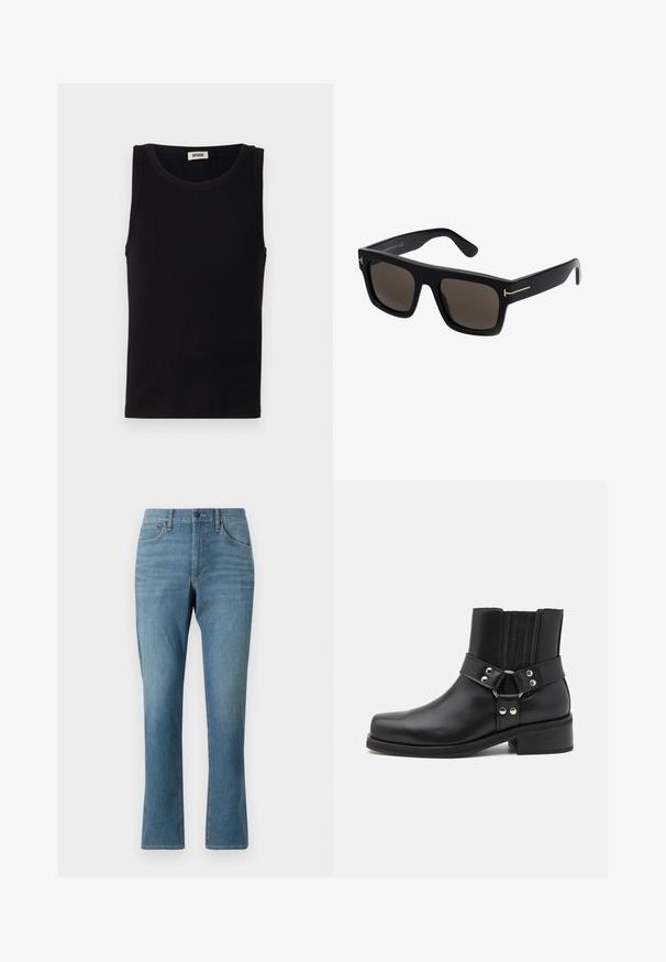 Sort sansædet tanktop lavet af blød bomuld. Har en rund halsudskæring og lige pasform, med minimal syningdetalje.; Lyst blå denim jeans med lige ben, der har for- og baglommer, en lynlås foran og en diskret falmning i stoffet.; The Kooples CHAUSSURES - Cowboy- / bikerstøvlette - black; Sorte firkantede solbriller med mørke linser, der har guldtonede accenter på stængerne og en glat plastikoverflade.