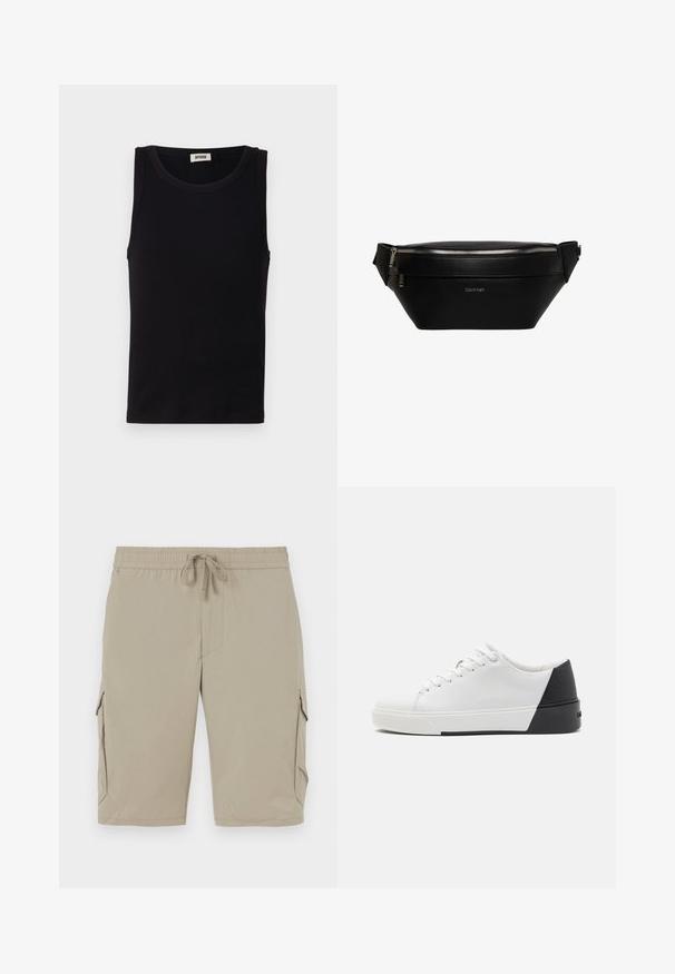Top sin mangas negro hecho de algodón suave. Cuenta con un escote redondeado y un corte recto, con detalles de costura mínimos.; Pantalones cortos cargo beige con cinturilla elástica y cordón. Cuentan con bolsillos laterales y una tela suave y ligera.; Calvin Klein LACE UP MONO - Zapatillas - white/black; Riñonera de cuero negro Calvin Klein con cremallera plateada y correa ajustable, logo minimalista en el centro del frente.