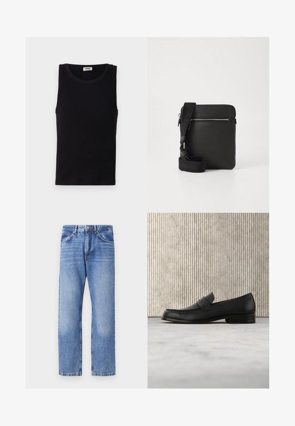 Schwarzes ärmelloses Tanktop aus weicher Baumwolle. Verfügt über einen runden Ausschnitt und einen geraden Schnitt mit minimalen Nähdetails.; Hellblaue Jeans aus Denim mit geradem Bein, fünf Taschen, Kontrastnähten und einem leicht verwaschenen Finish. Knopf- und Reißverschluss.; Schwarzer Leder-Slipper schwebt über einem beigen Teppich, im Hintergrund ein glänzender, runder brauner Tisch.; Schwarze Leder-Umhängetasche mit strukturierten Oberflächen, einem Reißverschluss-Frontfach und einem verstellbaren Stoffgurt. Einfaches quadratisches Design.