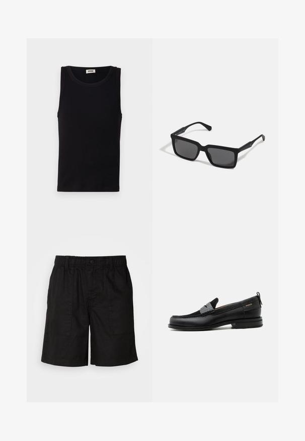 Sort sansædet tanktop lavet af blød bomuld. Har en rund halsudskæring og lige pasform, med minimal syningdetalje.; Sorte shorts med elasticiseret talje og knaplukning. Har to store sidelommer med et struktureret stof. Casual design.; Sort læderloafer med grå remdetalje, lav hæl og tekstureret sål, mærket med "HUGO" i guld på siden.; Sorte solbriller med rektangulære linser, mat finish, tykke stel og slanke arme med en subtil brandingdetalje.
