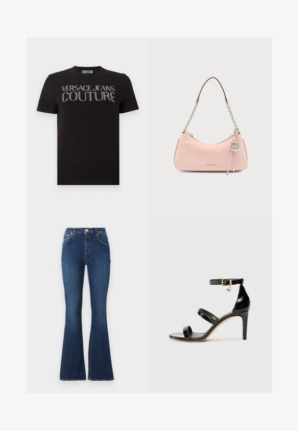 Sort kortærmet t-shirt med teksten "VERSACE JEANS COUTURE" i sølv rhinsten på brystet og en mærket halsmærkat.; CLOSED JOVANNA - Flared jeans - dark blue; Sorte patenterede lædersandaler med tre stropper, ankelspænde og 10 cm stiletthæl. Har detaljer i guld og et logo charms.; Lyserød læder skuldertaske med sølvkæde-strop og Michael Kors-logo ved lynlåstrækkeren foran.