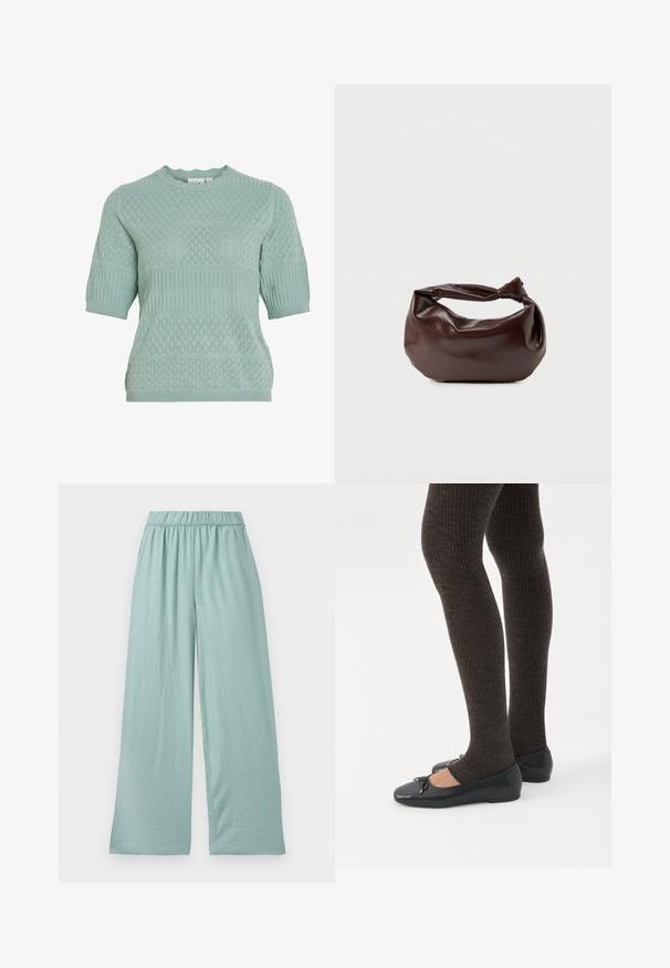 Pull en maille vert clair à manches courtes avec motifs texturés en losange et côtelés, col rond.; Pantalon large vert clair, en tissu doux, avec une taille élastique et une texture subtile, conçu pour le confort et la liberté de mouvement.; Jambes portant des leggings côtelés foncés associés à des ballerines noires avec de petits détails en nœud sur fond blanc.; Sac bandoulière en cuir marron foncé avec une forme souple et décontractée et une anse nouée torsadée sur un fond blanc uni.