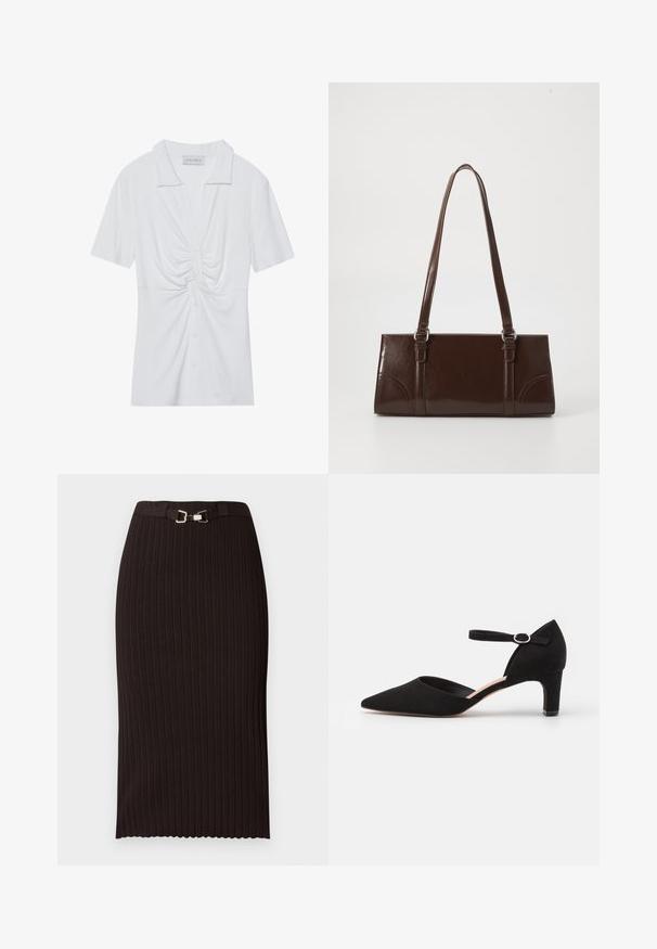 Hvid kortærmet blouse med krave, der har en snoet knude detalje foran og en knaplukning. Glat ribbet tekstur.; Sort ribbet blyantskørt med bælte i taljen med en metalspænde, tekstureret stof, knælængde og bølget kant.; Sort ruskinds pumps med spids tå, ankelrem med cirkulær spænde og en lav blokhæl. Glat tekstur og minimalistisk design.; Brun lakeret håndtaske med rektangulær form, to lange håndtag og subtile buede detaljer på fronten.