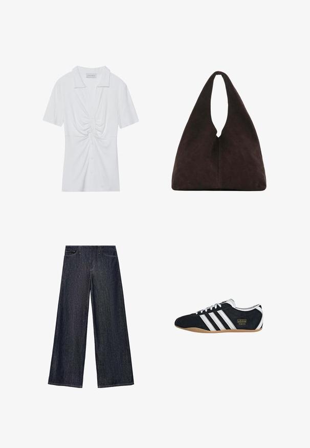 Hvid kortærmet blouse med krave, der har en snoet knude detalje foran og en knaplukning. Glat ribbet tekstur.; Bredde jeans i mørk indigo denim, med høj talje, fem-lomme design og kontrasterende syninger langs sømmene.; Sort ruskinds sneaker med hvide tre striber, guldlogo og en brun gummisål. Har et lavprofil snørebåndsdesign.; Blød mørkebrun trekantet skuldertaske med ét bredt håndtag øverst og en glat overfladestruktur.