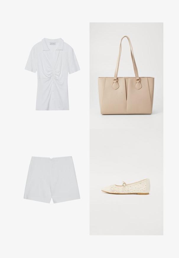Hvid kortærmet blouse med krave, der har en snoet knude detalje foran og en knaplukning. Glat ribbet tekstur.; Hvide shorts med et skræddersyet design, flad front, to sidelommer og en ren kant. Fremstillet af et glat stof uden synlige mønstre.; Spids-tå balletflade i creme med en blomstermotiveret mesh-overdel, detalje med guldfarvet spænde og flad gummisål.; Beige tote taske lavet af tekstureret kunstlæder, med dobbelte håndtag og guldfarvede hardware accenter. Designet inkluderer en delt frontdetalje.
