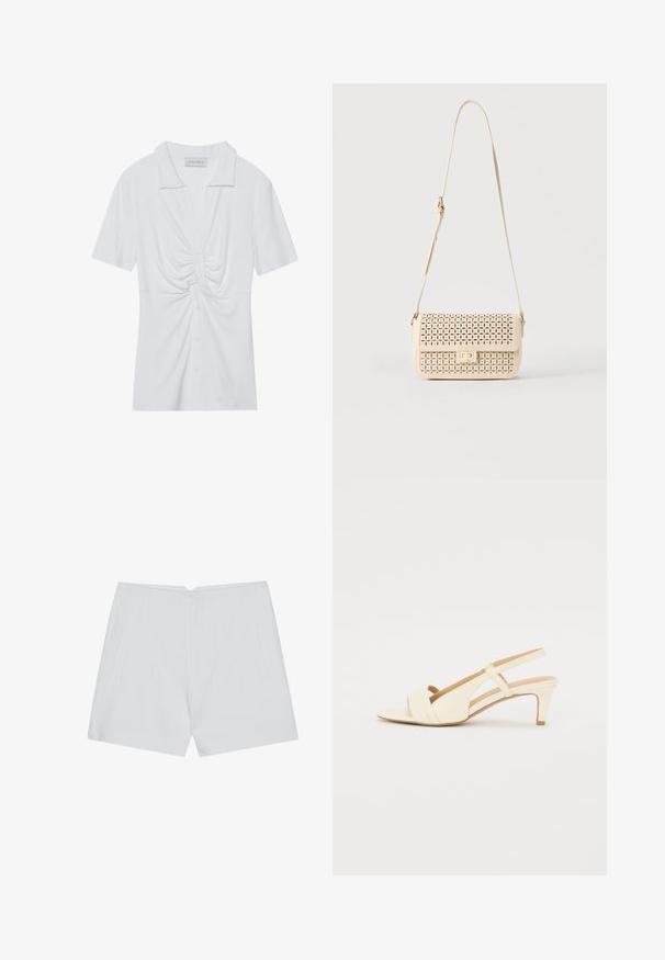 Witte blouse met korte mouwen en kraag, met een gedraaid knooppuntdetail aan de voorkant en een knoopsluiting. Glad ribbeltextuur.; Witte shorts met een op maat gemaakte uitstraling, vlakke voorkant, twee zijzakken en een nette zoom. Gemaakt van een soepel materiaal zonder zichtbare patronen.; Beige slingback hak met een licht puntige neus en drie horizontale banden aan de voorkant. Beschikt over een middenhoog hak en een gladde textuur.; Beige schoudertas met geperforeerd bloemenpatroon, klepsluiting, rechthoekige vorm en verstelbare riem.