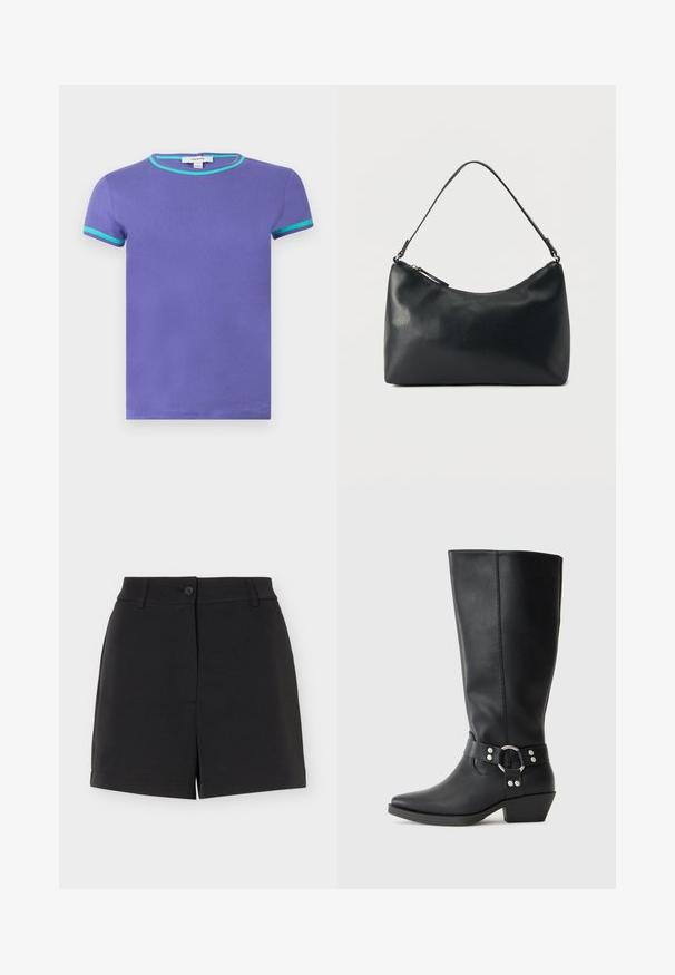 T-shirt violet à manches courtes avec un liseré turquoise contrastant au col et aux bords des manches, présenté sur un fond blanc.; Shorts noirs sur mesure avec passants de ceinture, fermeture à bouton et détail d'ouverture avant, affichés sur fond blanc.; Bottines noires en cuir hauteur genou avec un bout pointu, dotées d'une sangle décorative à la cheville et d'accents en métal argenté. Talon bas empilé.; Sac bandoulière en cuir noir texturé avec fermeture éclair incurvée en haut et une seule sangle ajustable sur fond uni.