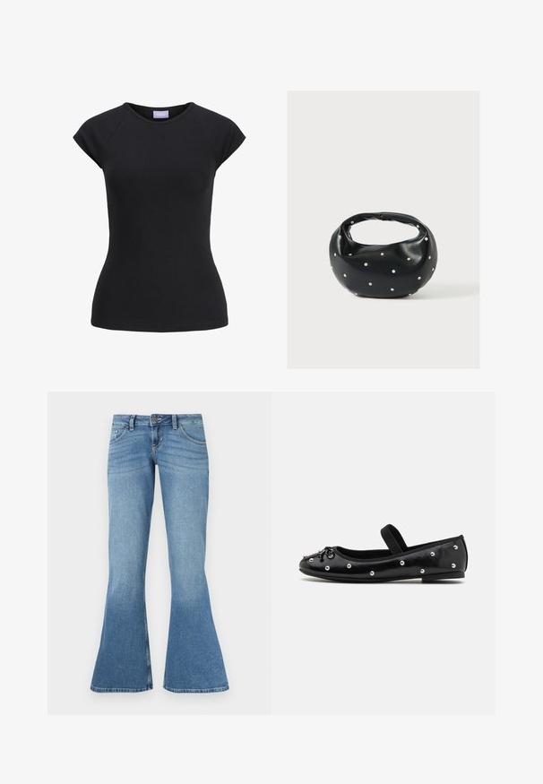 Sort tætsiddende T-shirt med korte ærmer, rund udskæring og lilla mærke med brandnavn indvendigt i kraven.; Blå denim flared jeans med høj talje, der har fem lommer, kontrastsyninger og en let farvegradient mod kanten.; Sorte læder flade sko med rund tå, dekorative sølvnitter og en elastisk rem. Har en glat tekstur og en lav hæl.; Sort læderhåndtaske med en rundet form, dekoreret med sølvnitter, og et kort håndtag. Glat tekstur og lynlåslukning.