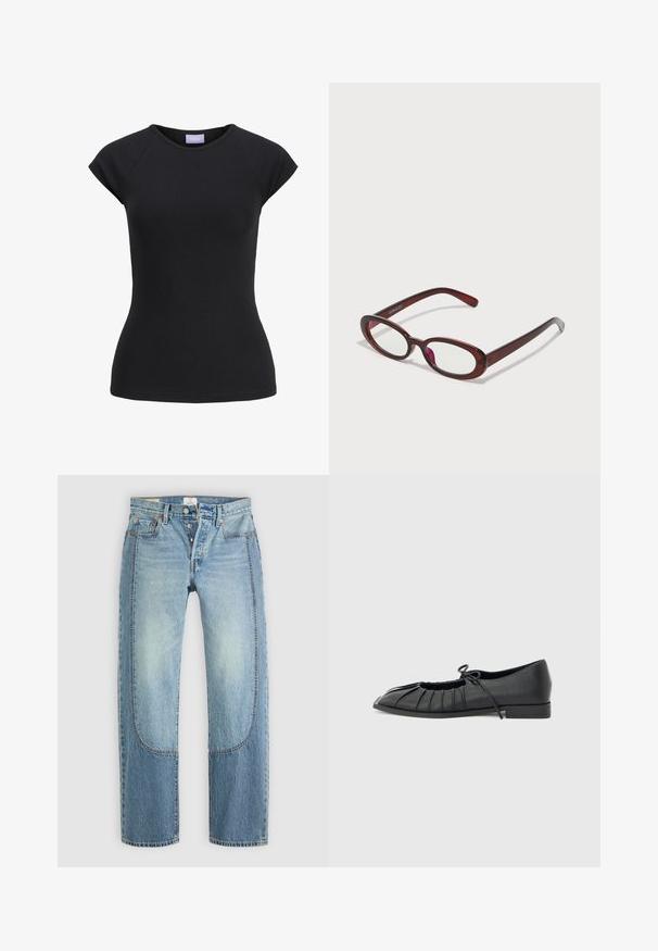 Sort tætsiddende T-shirt med korte ærmer, rund udskæring og lilla mærke med brandnavn indvendigt i kraven.; Lyseblå denimjeans med en lige, løs pasform, der har kontrasterende paneldetaljer og en fem-lommer design. Knap-lukning.; Sort flad sko med plisseret forstykke og bundet sløjfe på toppen, lav hæl og glat tekstur på en lysegrå baggrund.; Ovale røde solbriller med klare linser og slanke brune stel. Designet har subtile kurver og minimalt hardware.
