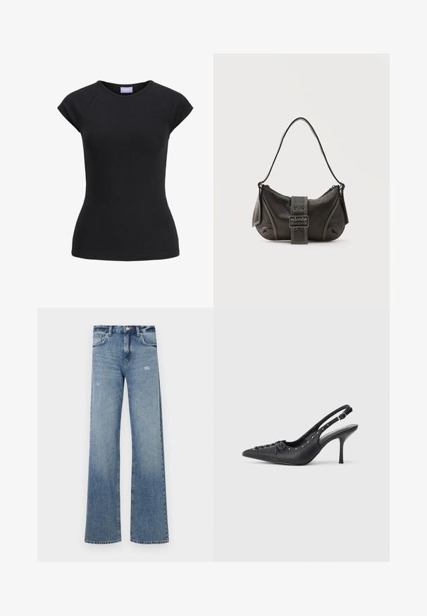 Camiseta ajustada de manga corta negra con cuello redondo y etiqueta de marca púrpura en el interior del cuello.; Jeans de mezclilla azul claro con cintura alta, diseño de pierna ancha, ligera desgastación y estructura tradicional de cinco bolsillos.; Sandal de tacón stiletto negro de cuero con punta afilada, correa lateral con hebilla, tachuelas a lo largo del borde y cordones decorativos en la parte delantera.; Bolso de hombro de cuero negro con detalle de correa con hebilla, bordes curvos y costuras blancas en contraste sobre un fondo liso.
