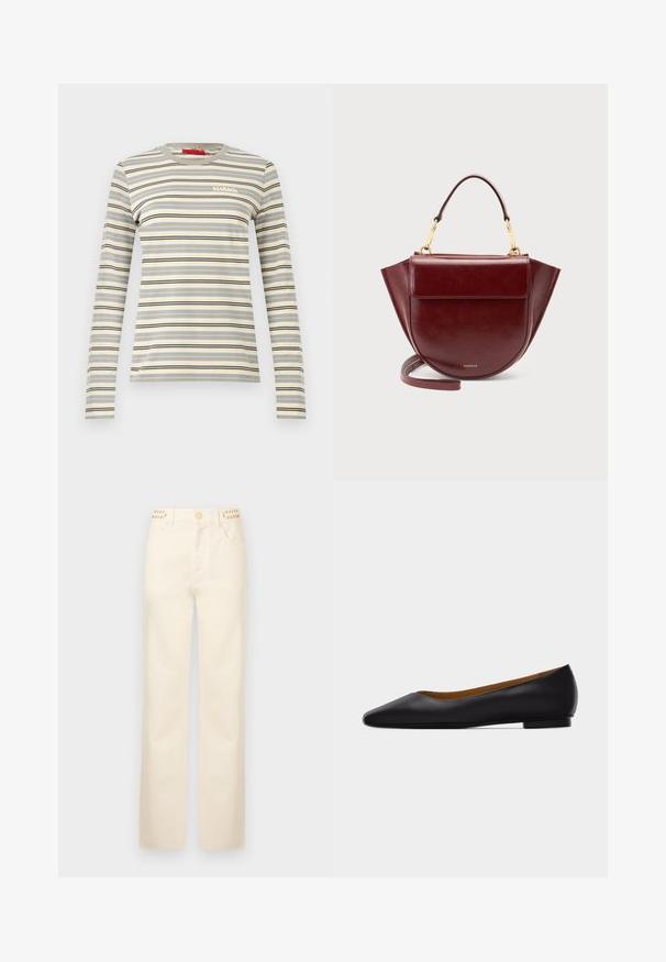 Camiseta de manga larga con cuello redondo y rayas horizontales en beige, gris, negro y amarillo, con pequeño logo blanco "MAX&Co." en el pecho.; Rabanne Vaqueros rectos - off white denim; Zapato plano de punta puntiaguda de cuero negro con tacón bajo y acabado liso, mostrado de perfil sobre un fondo gris claro.; Bolso de mano de cuero rojo oscuro con asa superior, herrajes dorados, bolsillo delantero con solapa y correa larga, sobre un fondo claro y liso.