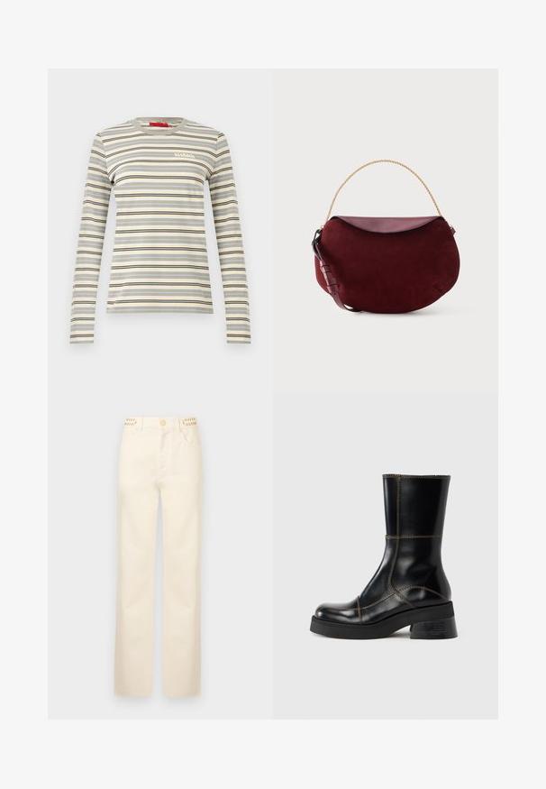 Camiseta de manga larga con cuello redondo y rayas horizontales en beige, gris, negro y amarillo, con pequeño logo blanco "MAX&Co." en el pecho.; Rabanne Vaqueros rectos - off white denim; Bota de tobillo de cuero negro con punta redondeada, costuras marrones a contraste y tacón grueso. Textura lisa y diseño sencillo.; Bolso de mano de ante rojo oscuro en forma de media luna con solapa de cuero liso, asa de cadena dorada y correa de cuero ajustable sobre fondo blanco.
