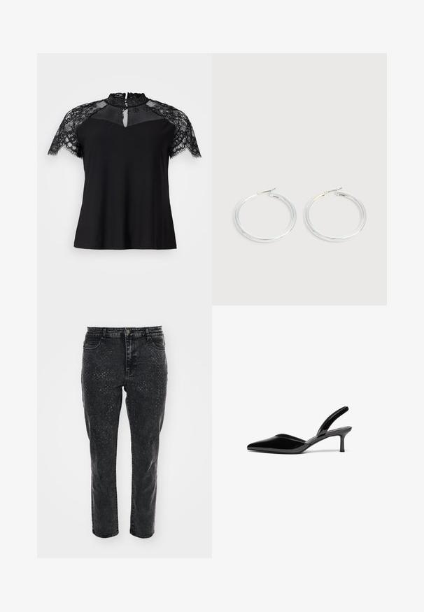 Sort top med høj blonderkrave og korte blonderærmer, med en nøglehulldetalje ved halsen og en glat stofkrop.; Sorte denimjeans med lige ben-design og tilføjede rhinsten-dekorationer foran for detaljer. Klassisk fem-lomme styling.; Sorte patentlæder slingback hæle med spids tå, lav stiletto hæl og et elegant, enkelt design uden pynt.; Par skinnende sølvøreringe med tynde trådlåse, vist på en lys grå baggrund.