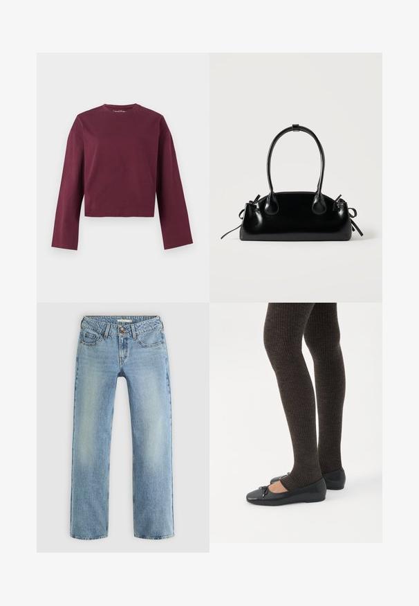 Langærmet cropped top i mørk bordeaux med rund halsudskæring og løs pasform vist på en ensfarvet lys baggrund.; Lyseblå lige ben jeans lavet af denim, med knaplukning, fem lommer og subtil falmning langs benene.; Ben iført mørke ribbede leggings kombineret med sorte balletsko med små sløjfedetaljer på hvid baggrund.; Lille sort blank håndtaske med to lange håndtag og snøre-detaljer i siden på en ensfarvet lys baggrund.