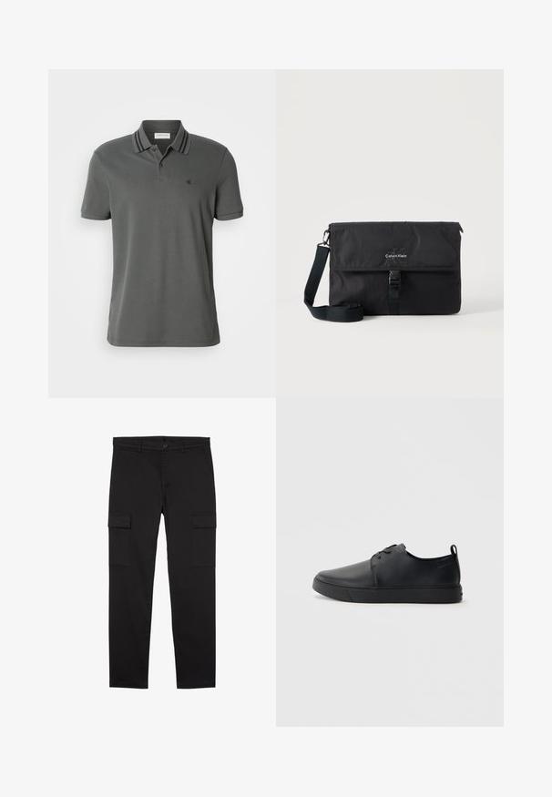 Camisa polo gris con cuello acanalado que presenta rayas marinas, mangas cortas y un pequeño logo bordado en el pecho. Textura suave.; Pantalones cargo negros de pierna recta con bolsillos laterales con solapa, botón delantero, trabillas para el cinturón y un diseño limpio y minimalista.; Zapatilla negra de cuero con acabado suave, punta redondeada, costuras a tono, cordones en la parte delantera y suela de goma plana. Asa en el talón.; Bolso mensajero negro de Calvin Klein con correa de hombro ajustable y solapa frontal asegurada con una hebilla, mostrado sobre un fondo liso.