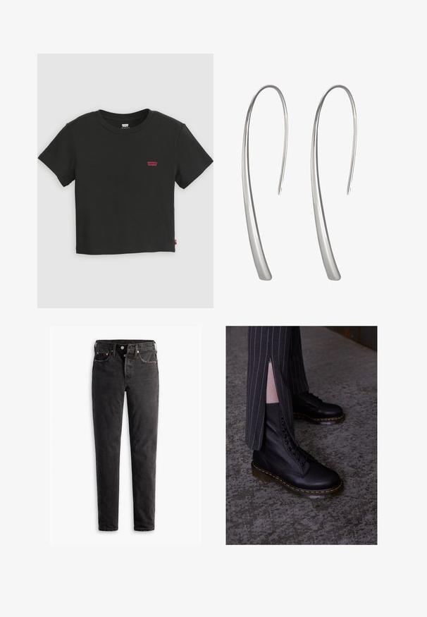 Sort Levi's cropped t-shirt med korte ærmer, rund halsudskæring og lille rødt Levi's-logo på venstre bryst.; Sorte denim jeans med lige ben, der har fem lommer, kobberhardware og en let slidte måde.; Sorte læder snørebåndsstøvler med en struktureret overflade, gule syninger og en solid, gennemsigtig sål. Samlet med stribede bukser med lynlåse.; Lange sølv dråbeøreringe med et slankt, forlænget design og en glat, poleret overflade. Har en minimalistsk buet form.