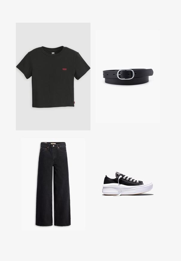 Μαύρο κοντομάνικο κοντό T-shirt Levi's με στρογγυλή λαιμόκοψη και μικρό κόκκινο λογότυπο Levi's στο αριστερό μέρος του στήθους.; Μαύρα τζιν παντελόνια με φαρδιά γραμμή, κατασκευασμένα από τζιν ύφασμα, με πέντε τσέπες, χάλκινες βίδες και κλασικό κλείσιμο με κουμπί. Λείο υλικό με καθαρό σχέδιο.; Μαύρο πάνινο παπούτσι χαμηλού τύπου με λευκά κορδόνια και παχιά, πολύστρωμη λευκή σόλα από καουτσούκ πάνω σε λευκό φόντο.; Μαύρη δερμάτινη ζώνη με λείο υφή, οβάλ ασημένια μεταλλική αγκράφα και πολλαπλές τρύπες ρύθμισης κατά μήκος της ζώνης. Επιπεδής, μινιμαλιστικός σχεδιασμός.