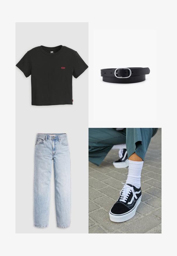 Must, lühikeste varrukatega ja ümmarguse kaelusega Levi’s lühendatud T-särk, millel on väike punane Levi’s logo vasakul rinnal.; Hele sinised teksapüksid kõrge vöökohaga, mugava lõikega, sirgete säärega ja klassikalise viie-taskuga disainiga. Nähtavad pleekimised ja õmbluste detailid.; Mustjad sametist tennisjalanõud valgete aktsentide ja nööridega, millel on paks valge tald ja kontrastsed õmblused, koos valge sokiga.; Must musträbel mustra nahkrihm, millel on siledat tekstuuri, ovaalne hõbedane metallist pandla ja mitmed reguleerimisaugu rihma ääres. Lame, minimaalne disain.