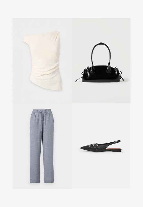 Off-white one-shoulder ærmeløs top med asymmetrisk kant og let drapering på en ensfarvet baggrund.; Rute blå og hvide bukser med elastisk talje og snoretræk, der har en lige ben-design og letvægtsstof.; Sort læderslyngeflad sko med spids tå, der har to vandrette stropper og firkantede sølvspænder, lav hæl og glat tekstur.; Lille sort blank håndtaske med to lange håndtag og snøre-detaljer i siden på en ensfarvet lys baggrund.