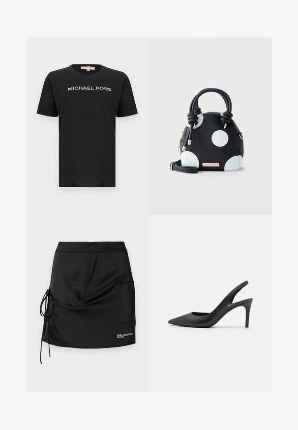 Schwarzes Baumwoll-T-Shirt mit kurzen Ärmeln und rundem Ausschnitt. Auf der Vorderseite steht "MICHAEL KORS" aus Strasssteinen.; Schwarzer Satin-Minirock mit Knopfverschluss, seitlichem Bindetail und aufgesetzter Tasche mit "KARL LAGERFELD JEANS"-Markenaufdruck.; Schwarze Leder Slingback High Heels mit einem spitzen Zehendesign, das an der Vorderseite ein Ausschnitt hat und einen dünnen Stilettoblock. ; Schwarze Handtasche mit großen weißen Polka-Dots, zwei geknoteten Griffen, silbernem Reißverschluss und abnehmbarem Schulterriemen, vor schlichtem Hintergrund.