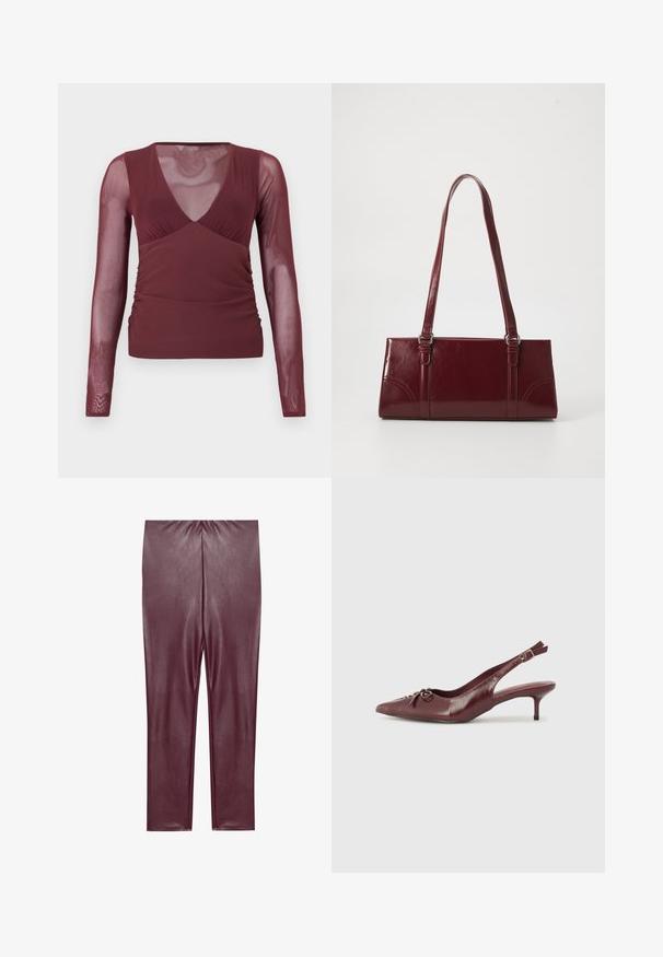 Langærmet burgunderfarvet top med gennemsigtige mesh-ærmer og V-halsudskæring, med rynket detalje på siderne og krop af solidt stof.; Bordeaux faux læder leggings med en glat tekstur, høj talje og tætsiddende design, der strækker sig til anklerne uden yderligere detaljer.; Bordeaux læder slingback hæl med spidse tå, justerbar rem og dekorativ sløjfedetalje foran. 7,5 cm hælhøjde.; Bordeaux håndtaske lavet af glansfuldt materiale, rektangulær form, med to skulderremme og subtile buede detaljer på forsiden.
