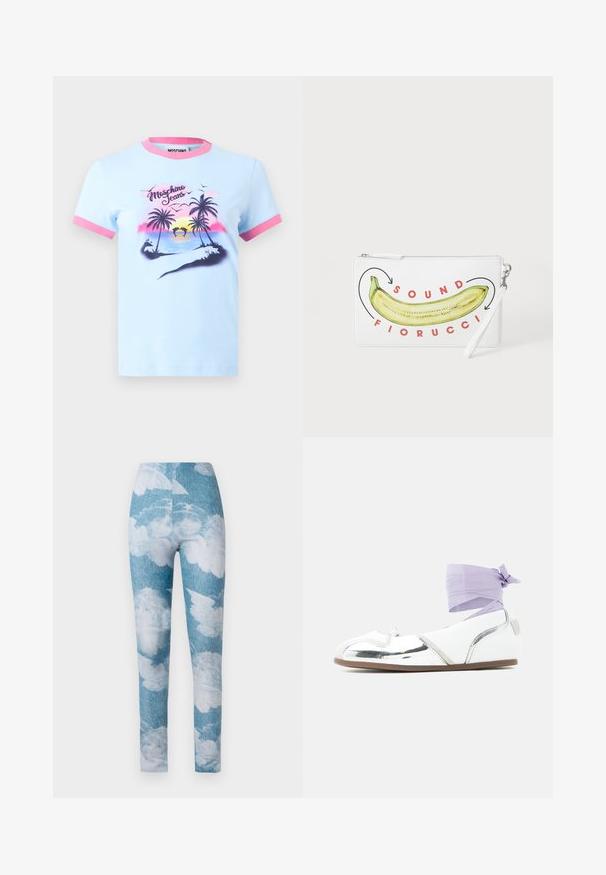 Lyseblå T-shirt med lyserød krave og ærmekanter, med et solnedgangs-strandmotiv med palmer, delfiner og teksten "Moschino Jeans".; Leggings med en blå denim baggrund og hvide sky mønstre. Stoffet synes strækbart med en tætsiddende design og ankel længde.; Hvid balletsko med sølv-dæksko og lavendel ankelbind bundet i en sløjfe, flad brun sål, sidevisning på ensfarvet baggrund.; Hvid clutch pung med en gul bananillustration og rød tekst "SOUND FIORUCCI" på forsiden samt en sølvfarvet lynlås.
