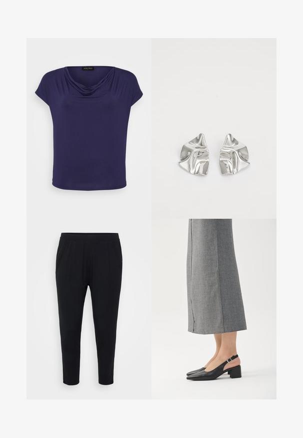Haut bleu marine en tissu doux avec un col drapé, des manches courtes et une coupe décontractée. Le bas est légèrement arrondi.; Pantalon noir avec une coupe décontractée, taille élastique et plis discrets. Fabriqué dans un tissu doux, avec des jambes fuselées et sans poches.; Chaussures slingback en cuir noir avec bout pointu, talon bloc et accent de talon rose contrastant. Texture lisse avec un design minimaliste.; Boucles d'oreilles en métal argenté avec un design ondulé et sculptural, présentant une finition polie et des formes irrégulières, mettant en valeur une esthétique contemporaine.