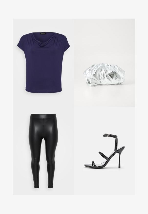 Haut bleu marine en tissu doux avec un col drapé, des manches courtes et une coupe décontractée. Le bas est légèrement arrondi.; Leggings noirs en matériau lisse et brillant. Taille haute, design ajusté, sans coutures ni motifs visibles.; Sandales à talons hauts en cuir verni noir avec trois sangles horizontales et une sangle de cheville ajustable. Silhouette élégante et finition brillante.; Pochette argent métallique avec un corps doux et froncé et une fine bandoulière. Présente une texture lisse et brillante ainsi qu'une forme arrondie.