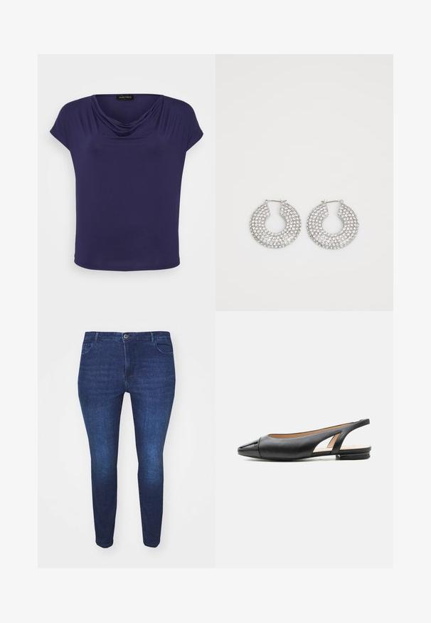 Mørkeblå top lavet af blødt stof med en draperet halsudskæring, korte ærmer og en afslappet pasform. Kantlinjen er let afrundet.; Mørkeblå slim-fit denim jeans med frontknap og lommer, vist fra forsiden mod en hvid baggrund.; Sort læder slingback flad sko med spids laklæder tåhætte og lav hæl, vist i sideprofil på hvid baggrund.; Sølvøreringe med flere klare krystaludsmykninger, med en struktureret overflade og et åbent rundt design.