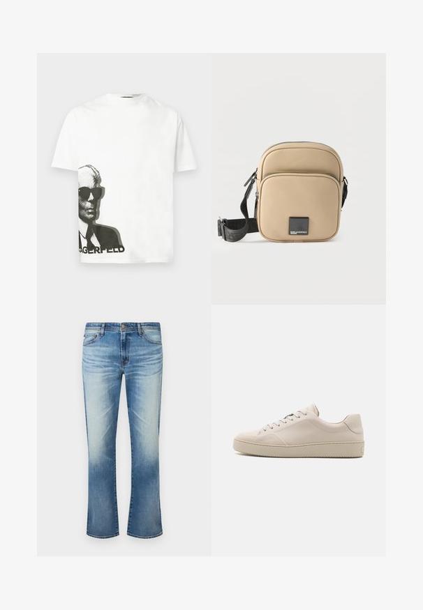 Witte T-shirt met korte mouwen en een zwarte afbeelding van een man met een zonnebril en een pak, gedrukt aan de linkerbenedenkant boven gedeeltelijke tekst.; Blauwe versleten rechte jeans voor heren met knoopsluiting en ontwerp met vijf zakken op witte achtergrond.; Beige leren sneakers met een gladde afwerking, ronde neus, platte zool en klassiek vetersluiting ontwerp. Subtiele stiksels en een gestructureerde buitenzool.; Beige compacte crossbodytas met voorvak met rits, zwarte verstelbare riem en zwart vierkant logo met de tekst "Karl Lagerfeld Jeans".