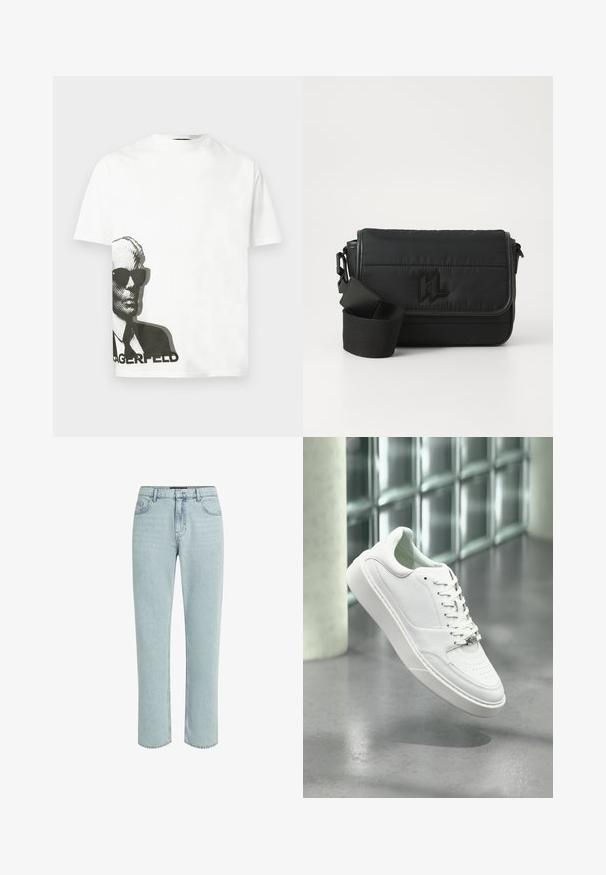 Weißes T-Shirt mit kurzen Ärmeln und schwarzem Motiv eines Mannes mit Sonnenbrille und Anzug, das auf der unteren linken Seite oberhalb eines teilweise sichtbaren Textes gedruckt ist.; KARL LAGERFELD DISNEY STRAIGHT-FIT - Jeans Straight Leg - light blue denim; Weißer Ledersneaker mit abgerundeter Spitze, Schnürverschluss und flacher Gummisohle. Verfügt über perforierte Details und dezentes Logo-Akzent.; Schwarze Umhängetasche aus Nylon mit gestepptem Design, verstellbarem Gurt und geprägt Logo auf der Vorderseite. Glatte Textur.
