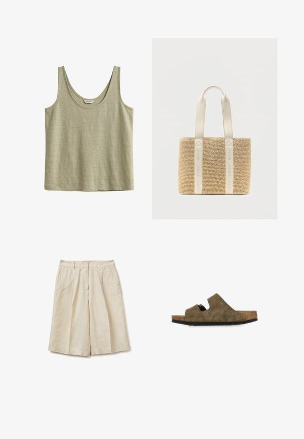 Camiseta sin mangas verde oliva con escote redondo y tela suave, con una pequeña etiqueta interna de la marca en la parte trasera del cuello.; Pantalones cortos beige hasta la rodilla, de pierna ancha, con trabillas para cinturón, bolsillos laterales y cierre delantero con cremallera, sobre un fondo blanco.; Sandalia tipo slip-on de ante marrón con plantilla de corcho, presenta un diseño con recortes y suela de goma negra texturizada. Logo de la marca visible en el lateral.; Bolso tote tejido beige con dos asas anchas de color blanco roto que presentan el logotipo "HUGO" en relieve.
