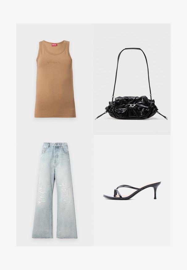 Camiseta sin mangas en color beige con escote redondo, con pequeño logo "diesel" punteado en el pecho y etiqueta roja de Diesel dentro del cuello.; Jeans de tiro alto de pierna ancha en un tono azul claro, con parches desgastados en los muslos frontales y estilo de cinco bolsillos, sobre un fondo blanco liso.; Sandalia de tacón de charol negro con tiras finas cruzadas y un tacón de aguja delgado de altura media, sobre un fondo blanco.; Bolso de mano de cuero negro con diseño fruncido y detalle de lazo en la parte frontal. Cuenta con un asa corta y detalles metálicos en color plata.