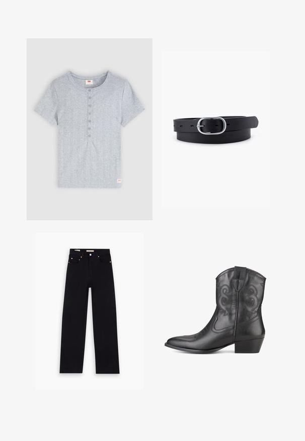 Lichtgrijs geribd shirt met korte mouwen, een ronde hals en zes knopen aan de voorkant, met een klein rood Levi's-logo label aan de onderzoom.; Zwarte denim jeans met een recht model, vijf zakken, koperen hardware en een gladde textuur. Twee labels zichtbaar op de tailleband.; Zwarte leren cowboylaars met een spitse neus, decoratieve stiksels op de schacht en een gestapelde hak. Glad van structuur en geen zichtbare metallic onderdelen.; Zwarte leren riem met een gladde textuur, ovaal zilveren metalen gespsluiting en meerdere verstelgaten langs de band. Platte, minimalistische uitstraling.