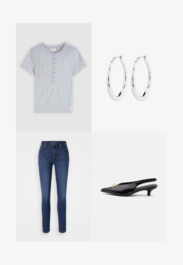 Helehall lühikeste varrukatega soonikkoes särk ümarate kaelusega ja kuue ees oleva nupuga, allääres väike punane Levi's logo silt.; Kitsad võrdlemised tumedas sinises denimis, millel on kerge hääbumine. Omab viit taskut, vöökohasid ja esist nööbikinnitust. Tavaline sirge jalgade disain.; Mustast lakknahast slingback-stiilis madala kanna ja terava ninaga king, millel on peal väike kuldne ümmargune ornament.; Hõbedased rõngaskõrvarõngad siledast ja läikivast viimistlusest. Ringikujuline, sisaldab kindlat kinnitust. Lihtne ja elegantne disain.
