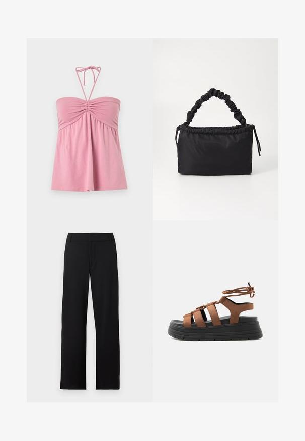 Haut rose sans bretelles à col halter avec poitrine froncée et tissu froncé s'écoulant librement en dessous, bretelles nouées formant un nœud au niveau du cou.; Pantalon noir à jambes droites avec passants de ceinture et braguette zippée, présenté sur fond blanc.; Sandale à brides en daim marron avec semelle plateforme noire épaisse et fermeture à lacets autour de la cheville, vue de côté sur un fond clair.; Sac noir en tissu doux et lisse. Présente une anse froncée et un système de fermeture à cordon, avec une forme rectangulaire et aucun matériel visible.
