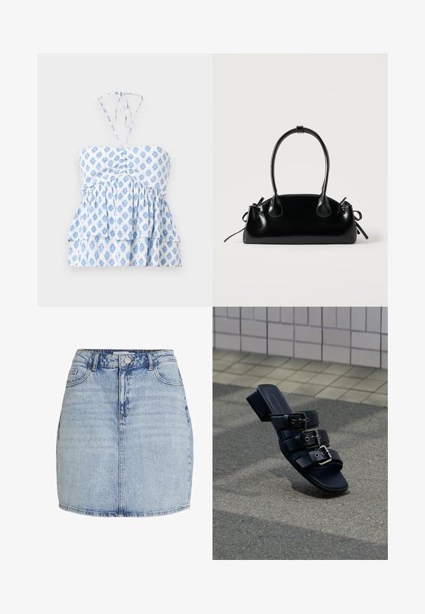 Hollister Co. STRAPLESS CONVERTIBLE DOUBLE TIER BABYDOLL - Top - white; Lichtblauwe denim mini-jurk met een sluiting met knopen en rits aan de voorkant, riemlussen en voorzakken.; Zwarte open-teen mule met drie riemen met gespen en een lage blokhak, geplaatst op een asfaltoppervlak nabij betegeld trottoir.; Kleine zwarte glanzende handtas met twee lange hengsels en zijkant trekkoord details op een effen lichte achtergrond.
