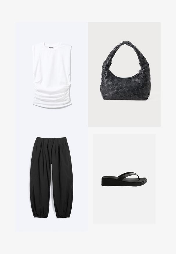 Camiseta blanca sin mangas con cuello redondo, hombreras acolchadas y lados fruncidos, colocada plana sobre fondo claro.; Pantalones negros holgados con pierna estrecha, cintura elástica y puños en los tobillos, hechos de tela ligera.; Sandalia de cuña negra con plantilla texturizada y tiras delgadas con una sutil marca, sobre un fondo blanco liso.; Bolso de hombro de cuero negro trenzado con un asa redondeada y un cuerpo en forma de media luna sobre un fondo liso.