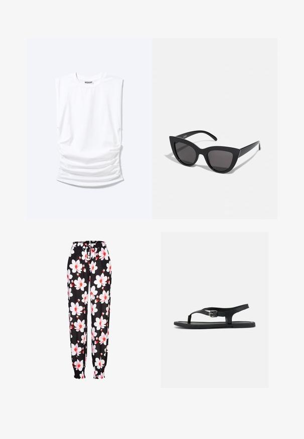Camiseta blanca sin mangas con cuello redondo, hombreras acolchadas y lados fruncidos, colocada plana sobre fondo claro.; Pantalones de tela negra con patrón floral en blanco y rojo, con cintura elástica y cordón ajustable, y puños fruncidos. Material ligero.; Sandalia plana negra con correa al tobillo, separador de dedo y hebilla plateada sobre suela lisa, vista lateral sobre fondo blanco.; Gafas de sol negras en forma de ojo de gato con un acabado mate, que presentan lentes ahumados grises, ángulos pronunciados y brazos laterales elegantes. Nombre de la marca visible en el interior del brazo.