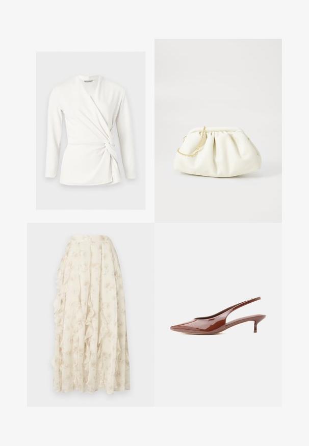 White long-sleeve wrap blouse with V-neck and side knot detail, tailored fit, displayed on a plain light gray background.; Long cream skirt with subtle floral pattern and cascading ruffle details, made from lightweight, sheer fabric.; Glossy brown slingback kitten heel with pointed toe and low, slim heel on white background.; White leather handbag with a gathered design, featuring a gold chain strap and a rounded shape. Smooth texture with soft folds and no patterns.