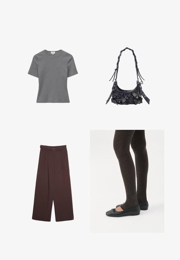Haut moulant gris en maille côtelée à manches courtes et encolure ronde, présenté à plat sur fond blanc.; Stradivarius SMART WIDE-LEG WITH BUCKLE DETAIL - Pantalon classique - dark brown; Jambes portant des leggings côtelés foncés associés à des ballerines noires avec de petits détails en nœud sur fond blanc.; Sac à main en velours côtelé bleu foncé avec une surface texturée, orné de plusieurs nœuds en tissu, une lanière tressée et des accents en métal.
