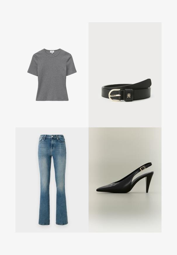 Kortærmet, tætsiddende grå ribstrikket top med rund halsudskæring, vist fladt på hvid baggrund.; Lys blå denim flared jeans med fem lommer, høj talje og sy detaljer. Stoffet viser en let falmet vask og en glat tekstur.; Sort læder slingback med spids tå, høj hæl, guldlås og tilspidset hæl på en neutral baggrund.; Sort læderbælte med en skinnende guldbuckle og et lille, præget logo på remmen. Glat tekstur og elegant design.