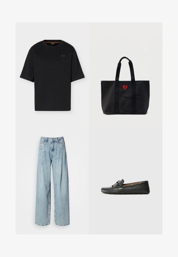 Zwart T-shirt met korte mouwen en ronde hals, met subtiel BOSS-logo op de linkerborst en een oranje detail aan de binnenkant van de halslijn.; Lichtblauwe high-waisted wijde pijpen jeans met voorzakken, knoopsluiting en riemlussen tegen een plain witte achtergrond.; Zwarte leren bootshoe met een ronde neus, gestikte details, een kleine strikaccent en een rubberen zool. Soepele textuur en gestroomlijnd ontwerp.; Zwarte draagtas met twee handvatten en een klein rood hartlogo met de tekst "HUGO" in het midden aan de voorkant.