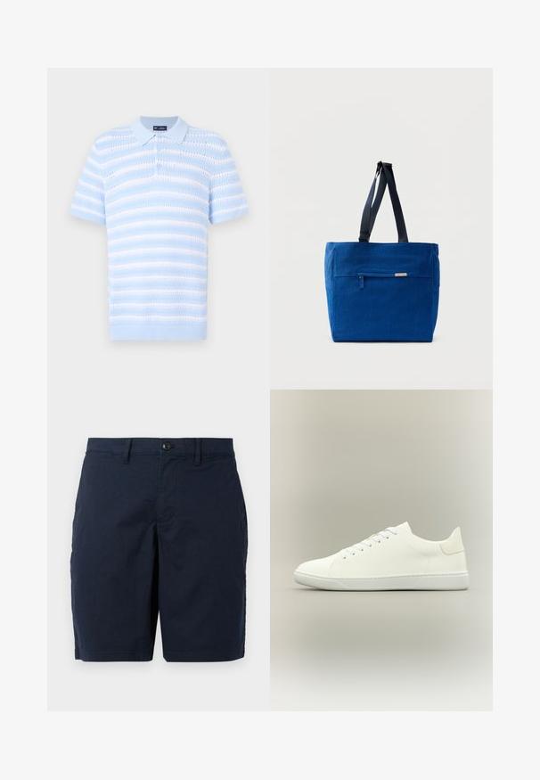 Lyseblå polo t-shirt med korte ærmer, prydet med horisontale striber og tekstureret mønster. Knaplukning og ribbet kravedetalje.; Marineblå shorts lavet af letvægtsstof. Har en knaplukning, flad front og to sidelommer. Klassisk, lige pasform.; Hvid lavtsiddende sneakers med snørebånd, glat læderoverdel og flad gummisål på en neutral baggrund.; Blå lærredstaske med lynlåslomme foran, dobbelte skulderremme og rektangulær form. Har en diskret mærkeetiket.