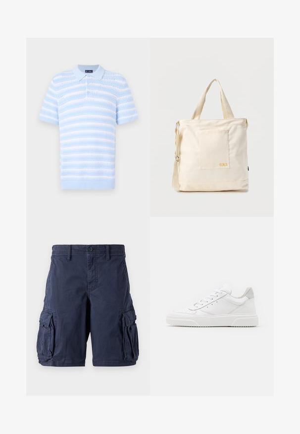 Lyseblå polo t-shirt med korte ærmer, prydet med horisontale striber og tekstureret mønster. Knaplukning og ribbet kravedetalje.; Mørkeblå cargo shorts lavet af bomuld. Har flere sidelommer, knappelukning og en afslappet pasform. Glat tekstur og holdbart design.; Hvide lædersneakers med en glat finish, rund tå, flade snørebånd og en struktureret sål. Grå ruskindsdetalje ved hælen.; Kremfarvet lærredstote-taske med frontlomme, to håndtag, justerbar skulderrem og lille gul "O.N.S" tekst i nederste højre hjørne af lommen.