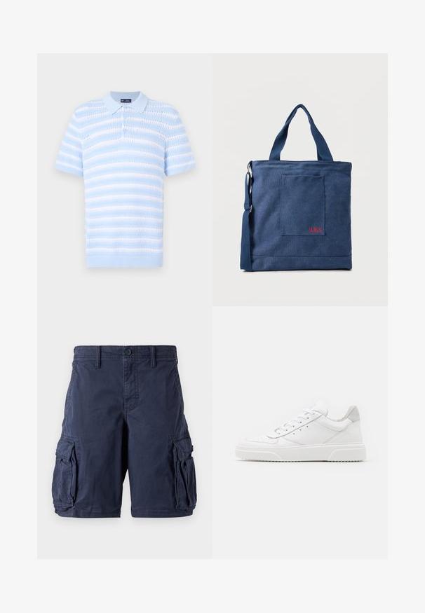 Lyseblå polo t-shirt med korte ærmer, prydet med horisontale striber og tekstureret mønster. Knaplukning og ribbet kravedetalje.; Mørkeblå cargo shorts lavet af bomuld. Har flere sidelommer, knappelukning og en afslappet pasform. Glat tekstur og holdbart design.; Hvide lædersneakers med en glat finish, rund tå, flade snørebånd og en struktureret sål. Grå ruskindsdetalje ved hælen.; Blå lærredstote taske med frontlomme og rød "O.N.S" broderi, med to håndtag og en justerbar skulderrem.