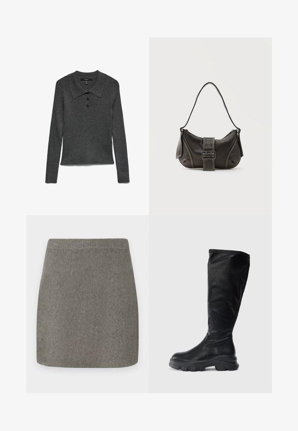 Polo à manches longues gris foncé côtelé avec col, comportant trois boutons noirs au niveau de l'encolure et un ourlet légèrement raccourci.; Jupe mini en tricot gris avec une taille côtelée, texture lisse et coupe droite, conçue pour une silhouette ajustée.; Bottes noires montantes en cuir lisse, dotées d'une semelle en caoutchouc épaisse avec une adhérence texturée et un design épuré.; Sac à épaule en cuir noir avec une sangle à boucle, des bords arrondis et des coutures blanches contrastées sur un fond uni.