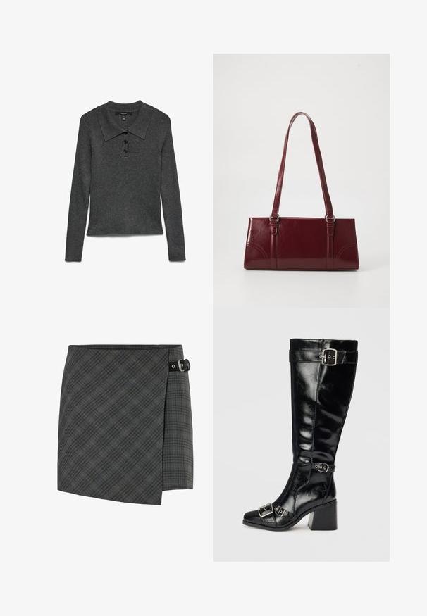 Polo de manga larga con cuello y canalé de color gris oscuro, con tres botones negros en el escote y un dobladillo ligeramente cropped.; Falda de lana a cuadros gris oscuro con detalle de hebilla negra en el lado derecho, dobladillo recto y un sutil patrón de líneas diagonales.; Bota negra de cuero hasta la rodilla con un acabado brillante. Presenta hebillas y correas plateadas, una puntera afilada y un tacón grueso y texturizado.; Bolso burdeos hecho de material brillante, de forma rectangular, con dos asas para el hombro y sutiles acentos curvados en la parte frontal.